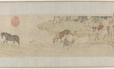 Horses and Grooms Crossing a River, Yuan or Early Ming Dynasty, 14th Century by Zhao Mengfu Chao Meng Fu or